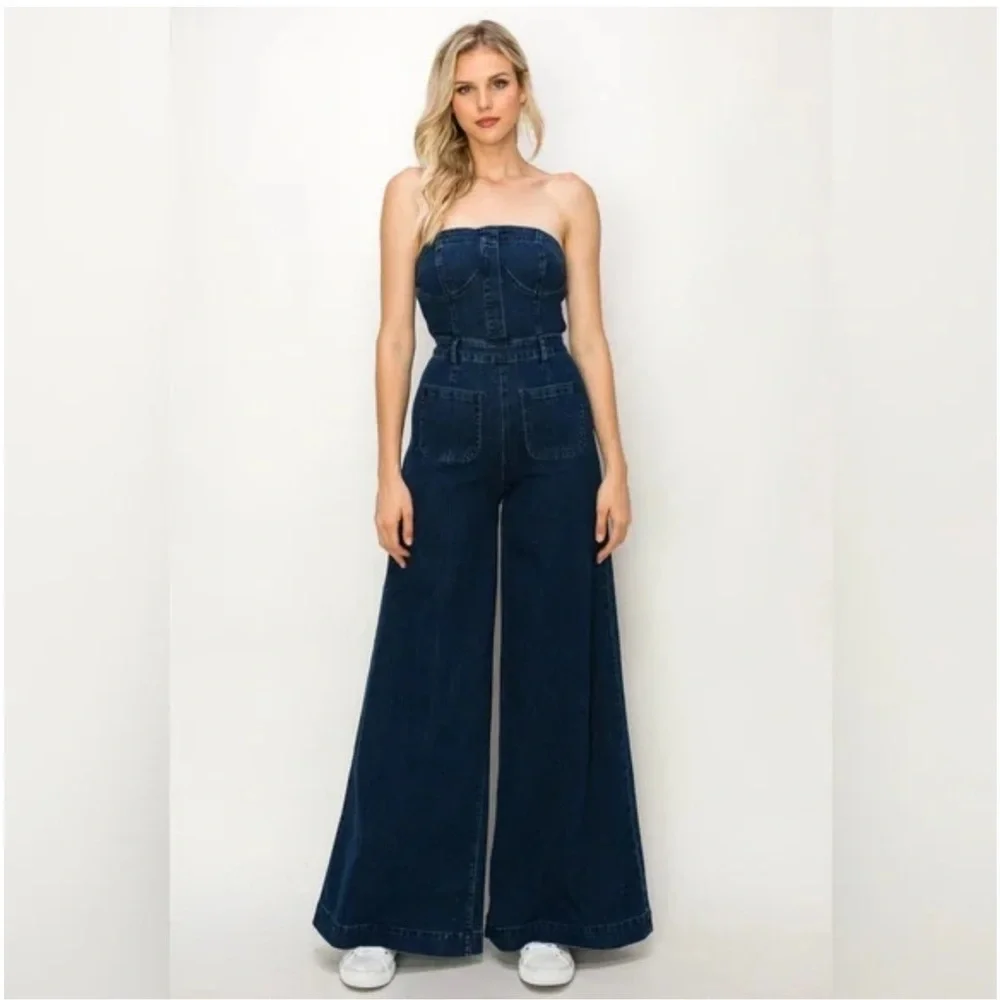 DARK DENIM STRAPLESS WIDE LEG DENIM JUMPSUIT WITH POCKETS🤠- Picture 6 of 8